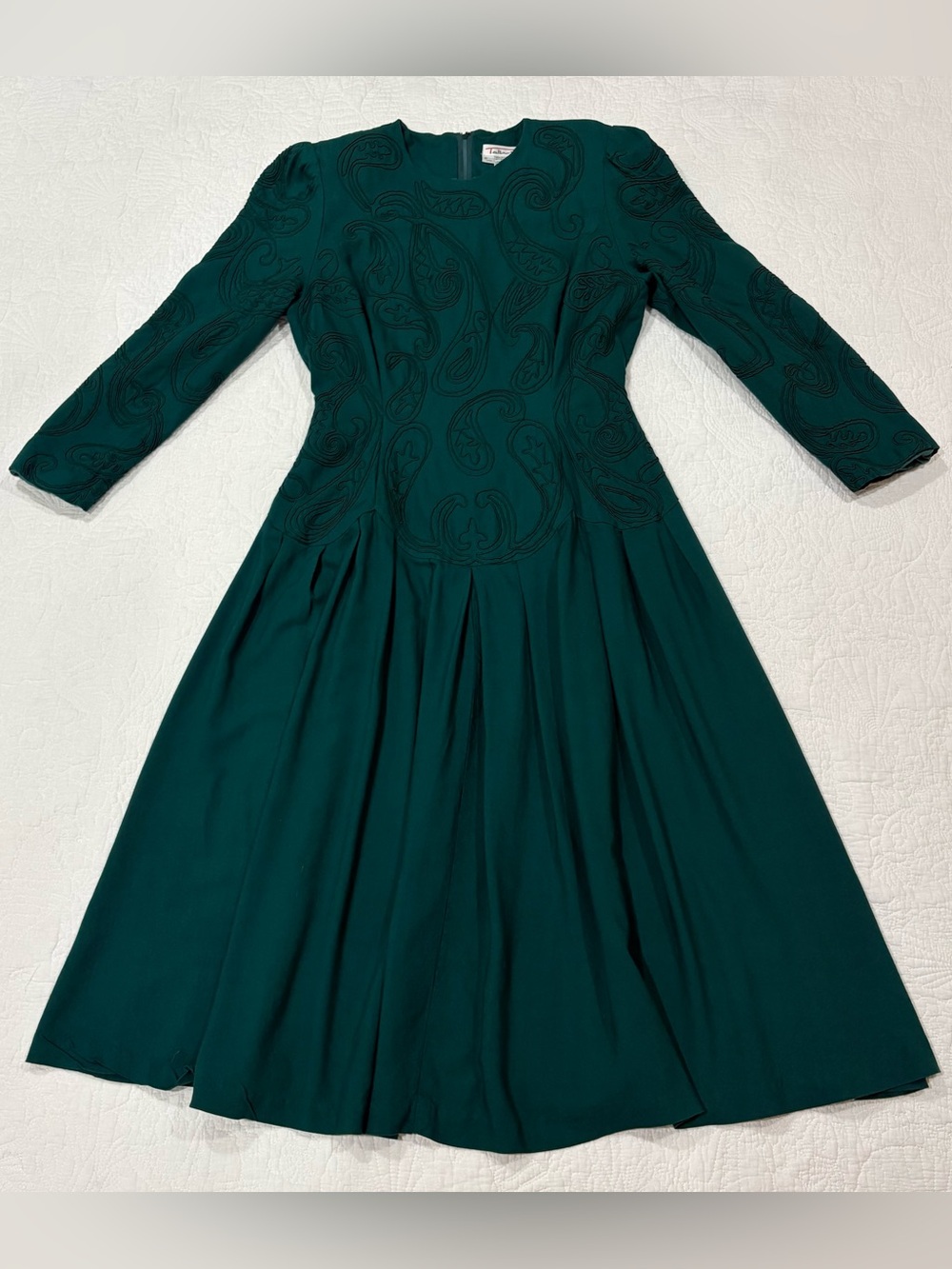 Vtg Talbots Midi Dress Sz 16 Pleated Long Sleeve Emerald Green Paisley Fit Flare